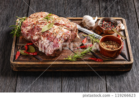 Prepared for roast Raw Pork neck butt, top view 119266623