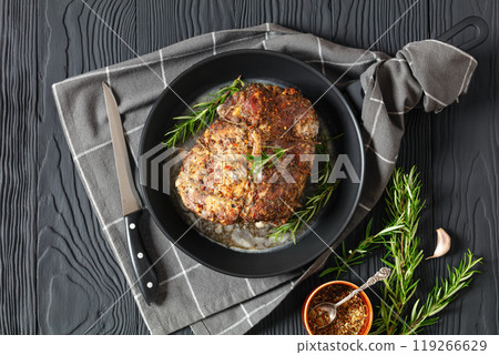 Juicy Roast Pork Neck on table, top view Juicy Roast Pork Neck on table, top view 119266629