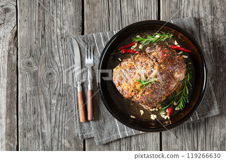 Juicy Roast Pork Neck on table, top view 119266630