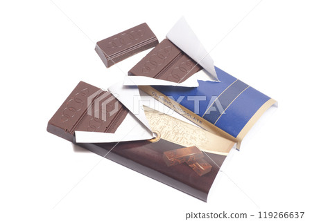 chocolate with foil and wrapper isolated on white background chocolate with foil and wrapper isolated on white background 119266637