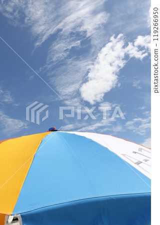 Summer blue sky and beach umbrellas Summer blue sky and beach umbrellas 119266950