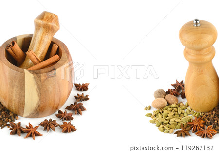 Pepper grinder mill, mortar, pestle and spice set isolated on white. Free space for text. Collage. 119267132