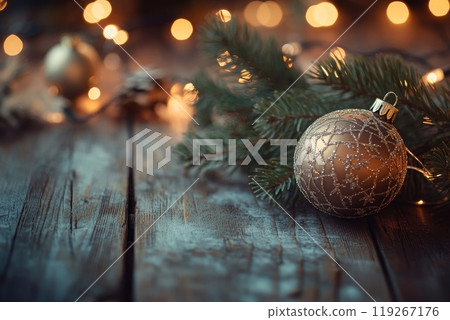 Christmas, festive ornaments and fir branches adorn a wooden table. 119267176