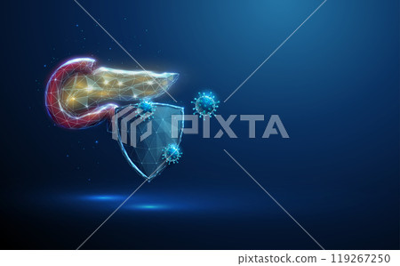 Abstract pancreas behind the futuristic guard shield attacted by blue viruses. Healthcare, medical treatment and pharmacy concept. 119267250