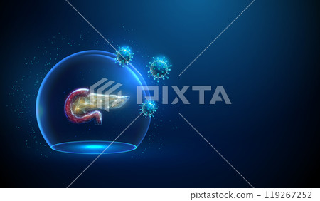 Abstract red and yellow pancreas inside a glass dome attacted by viruses. Neon sphere shield. Healthcare protection medical concept. Abstract red and yellow pancreas inside a glass dome attacted by viruses. Neon sphere shield. Healthcare protection medical concept. 119267252