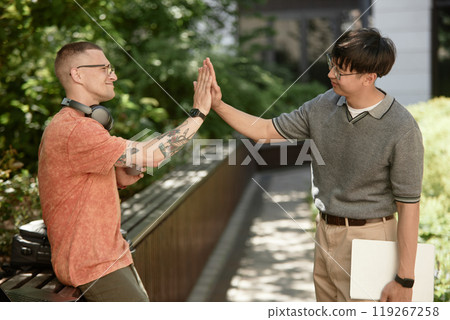 Side view of cheerful IT developer giving partner high five rejoicing at successful deal during meeting in park, copy space 119267258