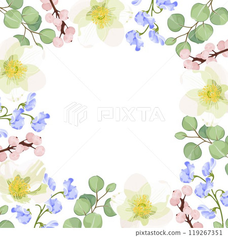 Spring floral vector frame for wedding invitations, banners, or greeting cards. White anemones, blue sweet pea flowers, pink berries, and eucalyptus. 119267351