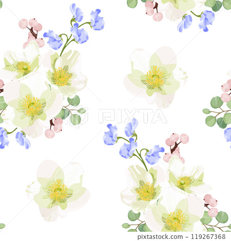Seamless spring floral pattern featuring white anemones, blue sweet peas, eucalyptus leaves, pink berries. Stock vector illustration. 119267368