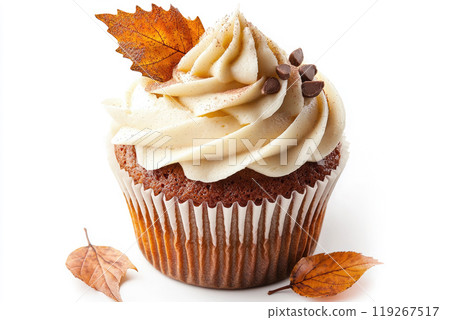 Pumpkin cupcake for Thanksgiving decorated with autumn leaves isolated on white background. Ai generative 119267517