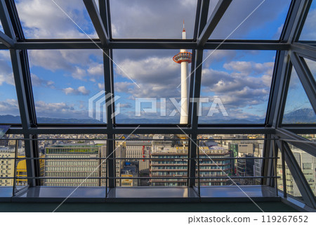 Kyoto Tower and the cityscape in front of Kyoto Station in the blue sky 119267652