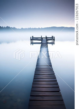 Tranquil Reflections: Wooden Pier on a Serene Lake Tranquil Reflections: Wooden Pier on a Serene Lake 119267913