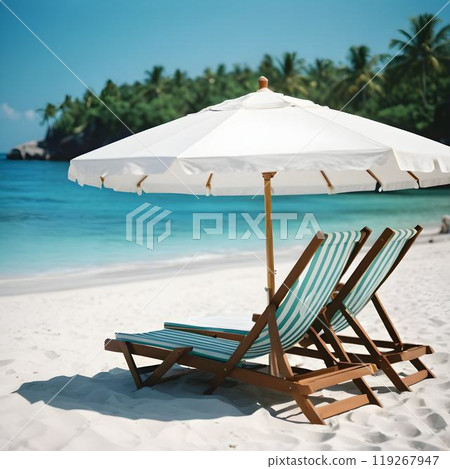 Tropical Beach Bliss: Deckchairs and White Parasol on Sandy Shoreline 119267947