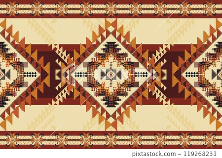 Navajo tribal vector seamless pattern. Native American ornament. Ethnic South Western decor style. Boho geometric ornament. Vector seamless pattern. Mexican blanket, rug. Woven carpet illustration. Navajo tribal vector seamless pattern. Native American ornament. Ethnic South Western decor style. Boho geometric ornament. Vector seamless pattern. Mexican blanket, rug. Woven carpet illustration. 119268231