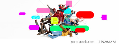 Chaos in action. Group of people rushing forward, surrounded by multicolored speech bubbles. Great offers. Creative colorful collage. 119268278