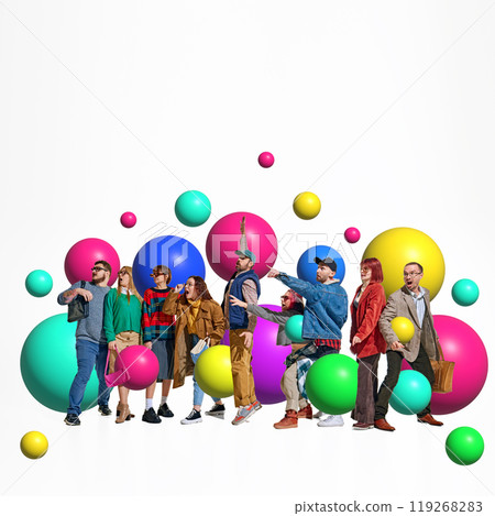 Shoppers stand amazed among colorful balls, pointing. Trying to get best Black Friday offer. Creative colorful collage. 119268283