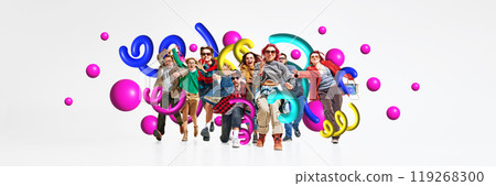 Emotional and stylish crowd of people rushing forward, surrounded by colorful swirls, capturing fast-paced energy of Black Friday deals. Creative colorful collage. 119268300