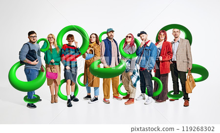 Stylish people posing with shopping bags poses after shopping spree highlighted by green, futuristic loops. Creative colorful collage. 119268302