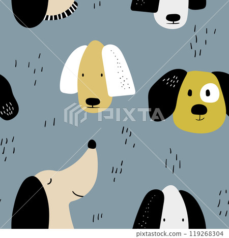 Vector seamless repeating childish pattern with cute dogs in Scandinavian style. Animals background with dog, pets, puppy for invitation, poster, card, flyer, textile, fabric 119268304