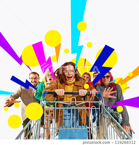 Excited and super emotional people, shoppers pushing shopping cart forward. Black Friday rush. Creative colorful collage. Excited and super emotional people, shoppers pushing shopping cart forward. Black Friday rush. Creative colorful collage. 119268312