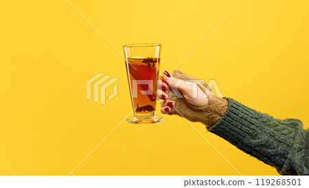 Hand wearing cozy knit mittens holds glass of Zbignew, garnished with cinnamon stick, against warm yellow studio background. Hand wearing cozy knit mittens holds glass of Zbignew, garnished with cinnamon stick, against warm yellow studio background. 119268501