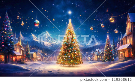 Snowy mountain scenery decorated with Christmas trees 119268615