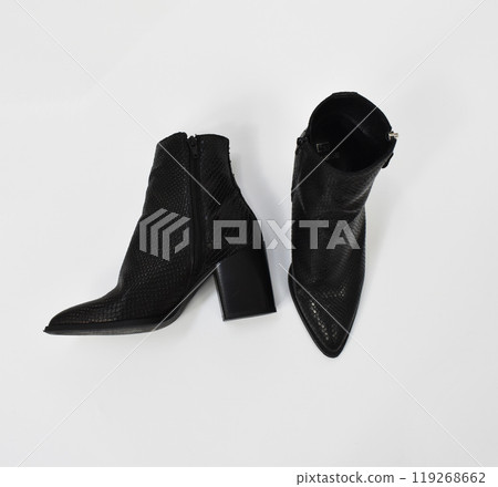 Black chunky heels boots isolated on white, reptile leather ankle boots for women, basic snake skin fall boots 119268662