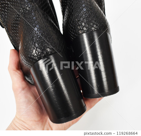 Black chunky heels boots isolated on white, reptile leather ankle boots for women, basic snake skin fall boots Black chunky heels boots isolated on white, reptile leather ankle boots for women, basic snake skin fall boots 119268664