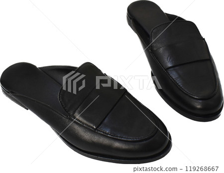 Classic black leather slide loafers isolated on white, basic spring slides, chunky mules for women 119268667