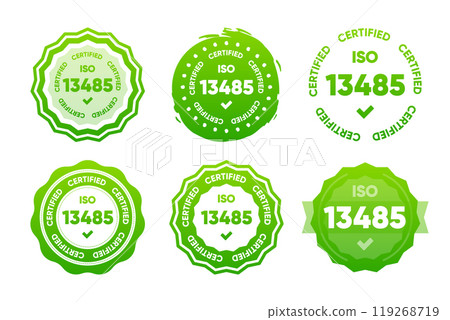 13485 Iso certified standarts collection. International Organization for Standardization stamp. Vector illustration. 119268719