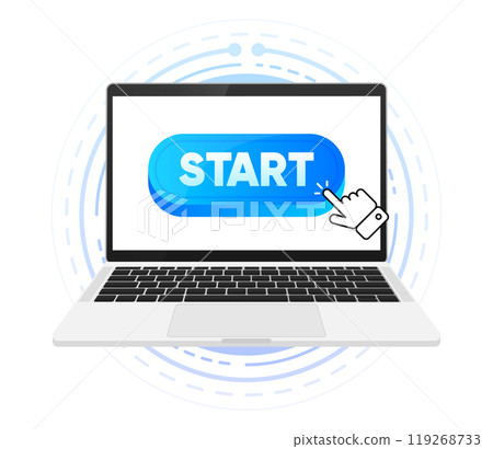 Start button on screen device. Level UP. Futuristic screen blue background. Arrows can be turn into motion graphics. Vector illustration. Start button on screen device. Level UP. Futuristic screen blue background. Arrows can be turn into motion graphics. Vector illustration. 119268733