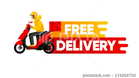 Free Delivery service concept. Courier and fast delivery inscription. Express, fast, free delivery. Vector illustration. Free Delivery service concept. Courier and fast delivery inscription. Express, fast, free delivery. Vector illustration. 119268750
