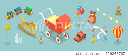 3D Isometric Flat Vector Set of Childhood Items, Toys and Baby Care Supplies 3D Isometric Flat Vector Set of Childhood Items, Toys and Baby Care Supplies 119268767