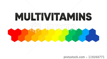 Multivitamin label. Icon concept vitamins. Vitamins complex banner for advertising, health, medical science. Nutrients, minerals that are essential the body. Vector illustration. 119268771