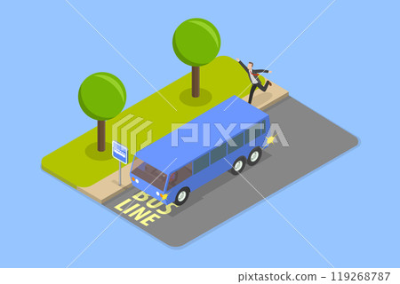 3D Isometric Flat Vector Illustration of Bus Stop, a Man Chases Citybus 3D Isometric Flat Vector Illustration of Bus Stop, a Man Chases Citybus 119268787
