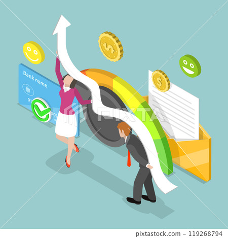 3D Isometric Flat Vector Illustration of Credit Score, Gauge Indicator With Color Levels 119268794