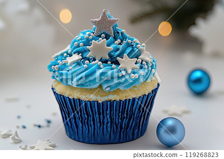 Sweet cupcake decorated with star on gray background 119268823