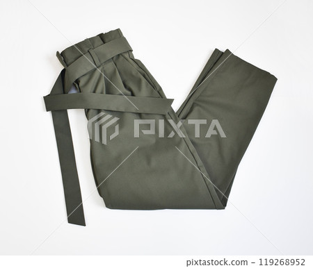 khaki green pants with belt flat lay on white khaki green pants with belt flat lay on white 119268952