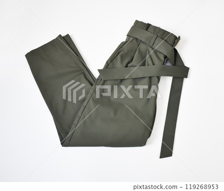 khaki green pants with belt flat lay on white khaki green pants with belt flat lay on white 119268953