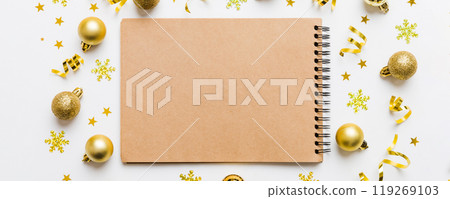 Christmas blank greeting card mock-up scene. Creative layout made of Christmas toy and paper card note. Flat lay. Nature New Year concept Christmas blank greeting card mock-up scene. Creative layout made of Christmas toy and paper card note. Flat lay. Nature New Year concept 119269103