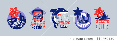 Extreme Surf Club Badge and Logo Design Vector Set 119269539