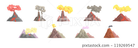 Erupting Volcano with Smoke at Top of Mountain Vector Set 119269547