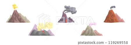 Erupting Volcano with Smoke at Top of Mountain Vector Set 119269558