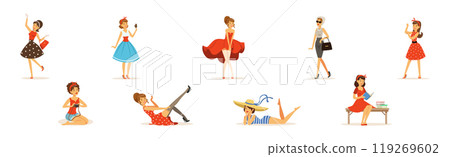 Beautiful Woman Character in Retro Vintage Dress Vector Set Beautiful Woman Character in Retro Vintage Dress Vector Set 119269602