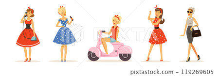 Beautiful Woman Character in Retro Vintage Dress Vector Set 119269605