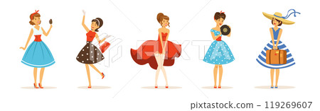 Beautiful Woman Character in Retro Vintage Dress Vector Set 119269607