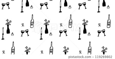 Wine glasses and bottle pattern, romantic date seamless background, candles, flowers in vase. Black and white drawing Wine glasses and bottle pattern, romantic date seamless background, candles, flowers in vase. Black and white drawing 119269802