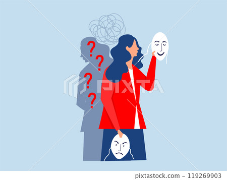 imposter syndrome, Girls trying on carnival masks with happy or sad expressions. 119269903