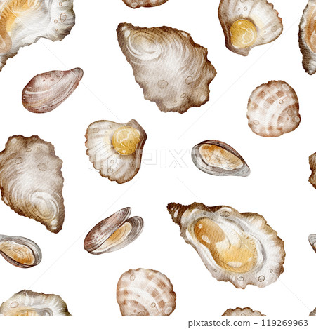 Watercolor Seafood seamless pattern. Hand drawn underwater food oysters and mollusks for design wallpaper, print, menu. Mediterranean diet. Variety background elements food in doodle style. 119269963