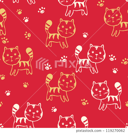 Seamless pattern with cute kitten print. Different scandy cats on color background. Scandinavian style illustration for kids. Vector illustration for fabric, textile, wallpaper, home clothing, pajama 119270062