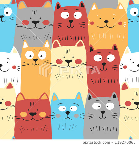 Seamless pattern with cute kitten print. Different scandy cats on color background. Scandinavian style illustration for kids. Vector illustration for fabric, textile, wallpaper, home clothing, pajama 119270063